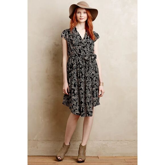 ANTHROPOLOGIE Maeve Noronha Black Beige Elephant Print Faux Wrap Dress Small - Picture 1 of 9
